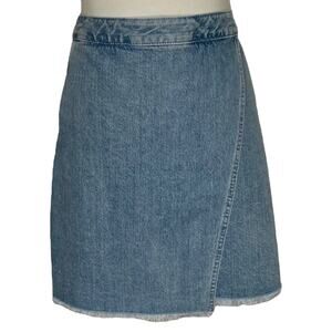 Ann Taylor LOFT Denim Skirt Faux Wrap Frayed Hem Size 29/8 Boho Costal Cowgirl